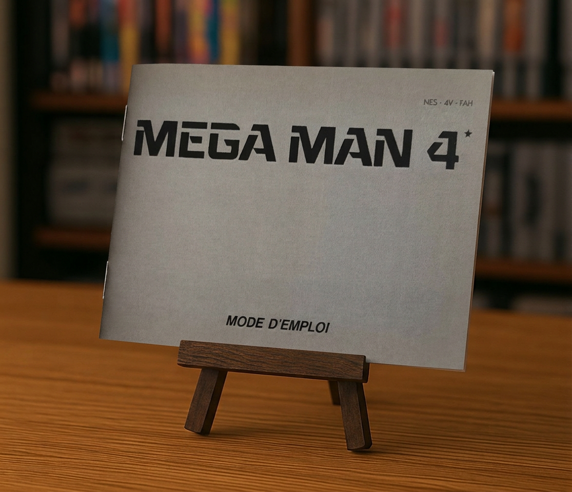 Notice en français pour le jeu vidéo Mega Man 4 NES, illustrée par une image de la notice originale.