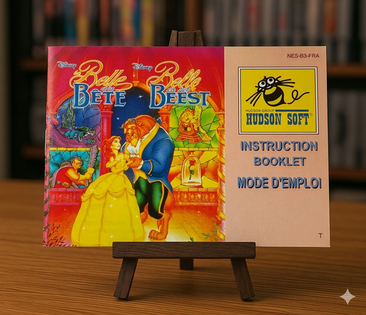 Affiche du jeu vidéo La Belle et la Bête pour NES, édition française, avec illustration colorée et logo du jeu.
