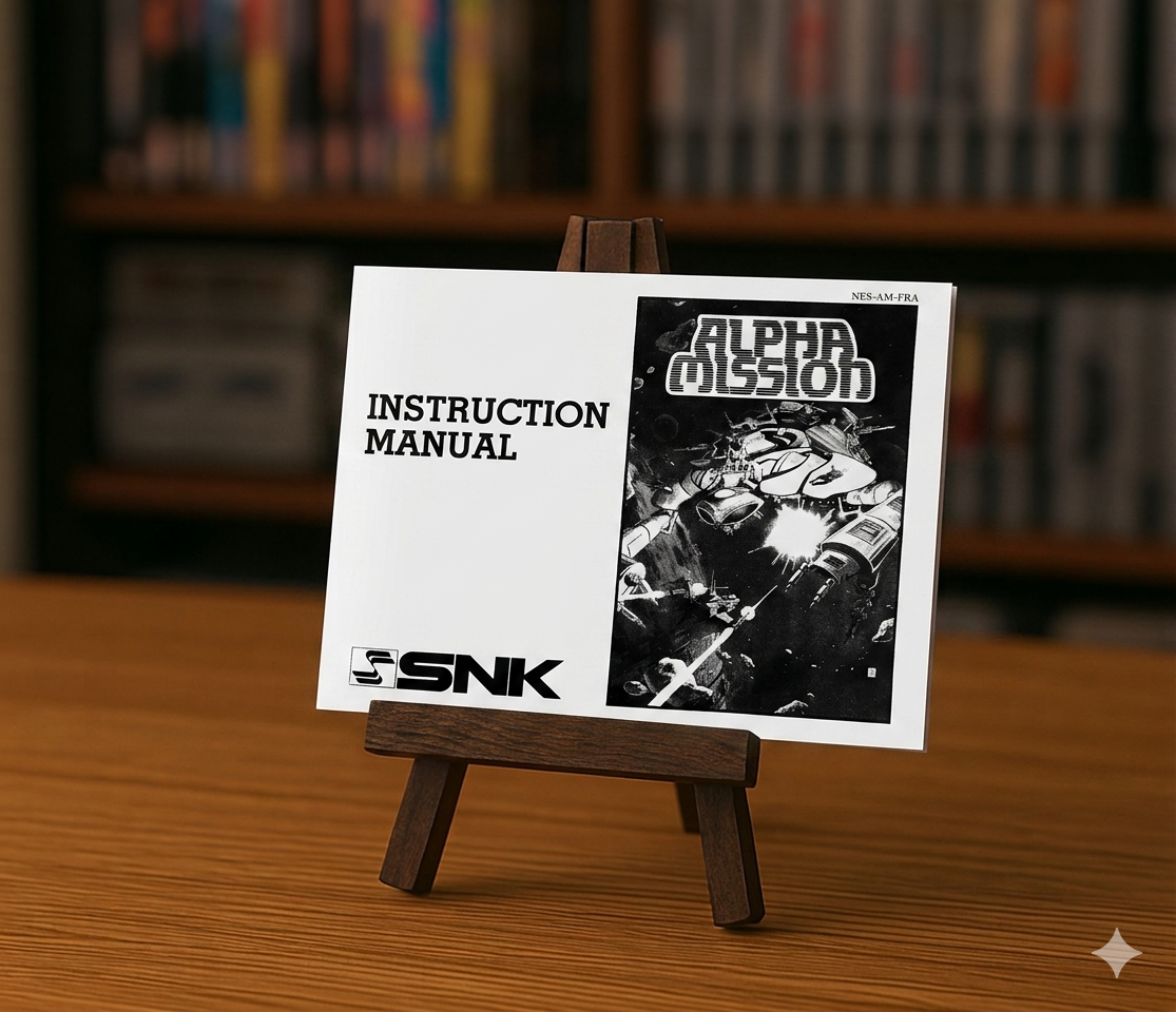 Notice Alpha Mission NES en français, affiche illustrée du jeu vidéo d'action, avec détails colorés et logo visible.