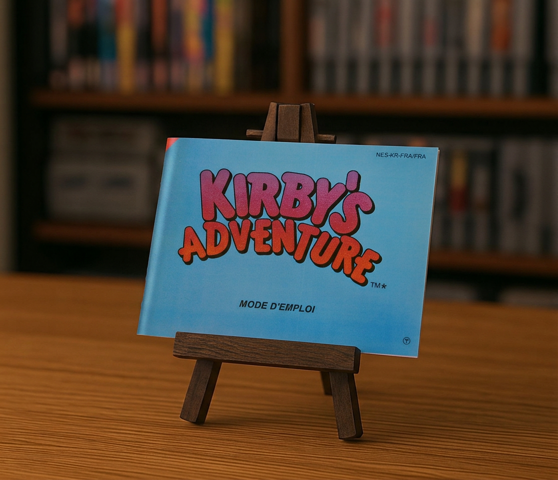 Notice Kirby's Adventure NES en français, illustration du jeu vidéo rétro avec le personnage Kirby et l'univers coloré.