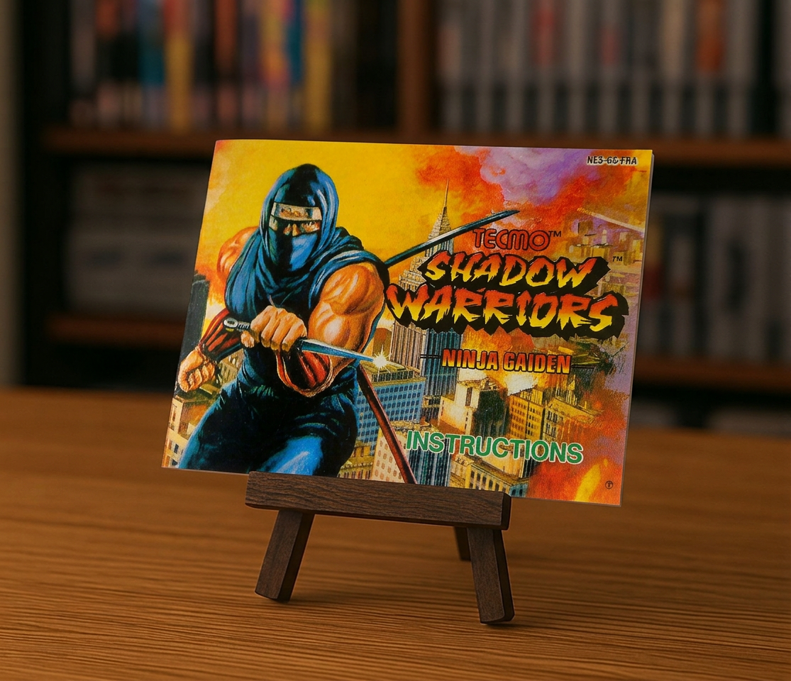 Capture d'écran du jeu Shadow Warrior NES en français, affichant des personnages et des éléments de gameplay rétro.