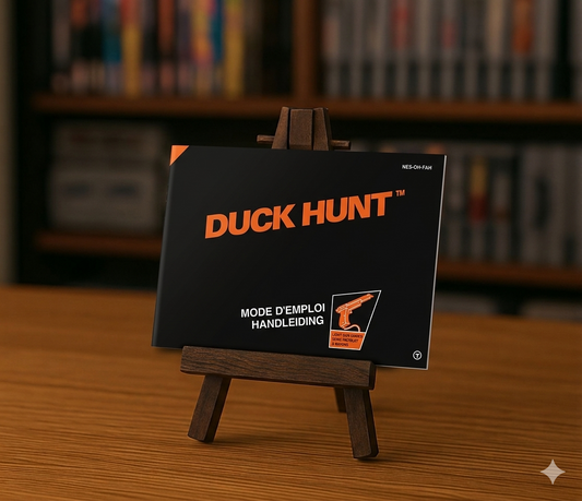 Affiche de notice en français pour le jeu NES Duck Hunt, avec logo et illustrations du jeu vidéo classique.