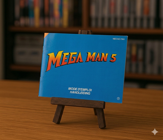 Notice en français pour Mega Man 5 NES, affiche ou manuel de jeu vidéo rétro, illustrant le personnage de Mega Man.