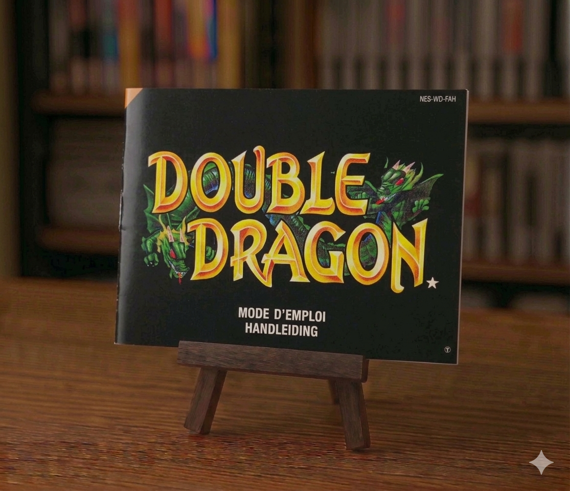 Affiche du jeu vidéo Notice Double Dragon NES en français, avec le logo et le design rétro du personnage principal.