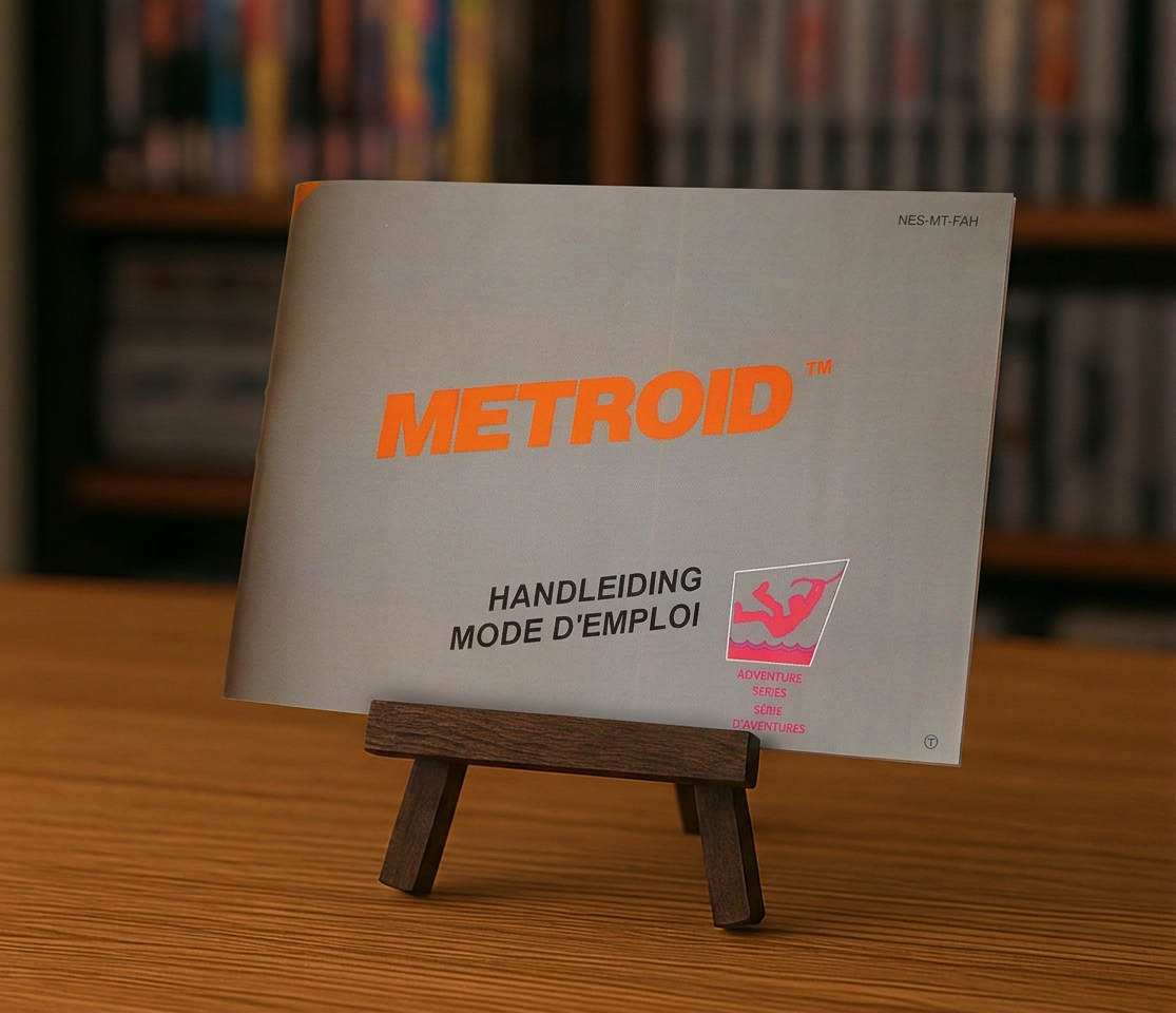 Notice Metroid NES en français et néerlandais, affichée sur une page avec texte détaillé, pour collection Nintendo.