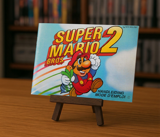 Affiche de notice en français et néerlandais pour le jeu vidéo Super Mario Bros. 2 NES, avec illustrations colorées.