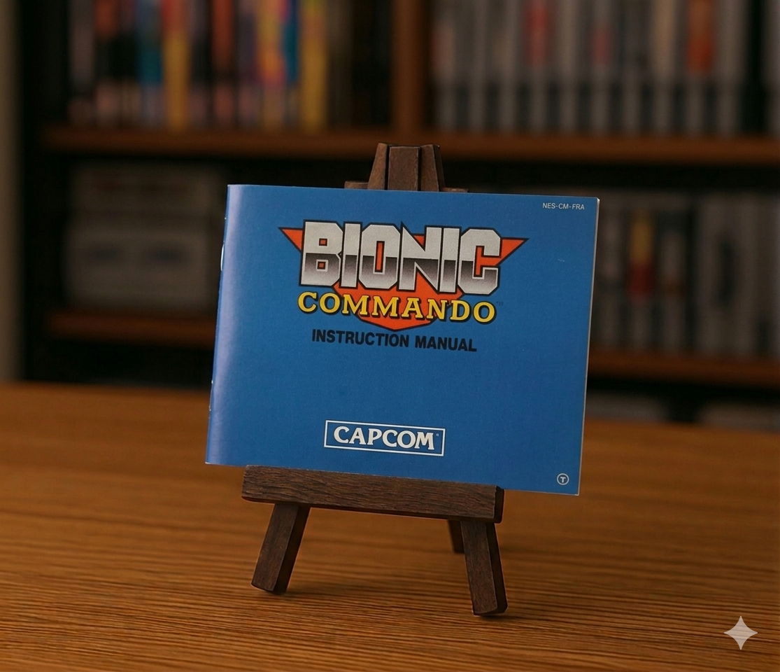 Affiche de la notice du jeu vidéo Bionic Commando NES en français, avec logo et illustrations du jeu.