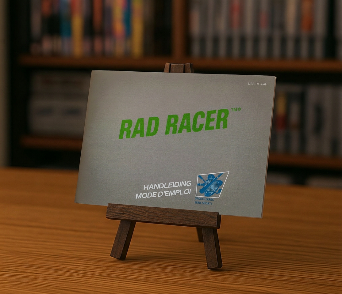 Notice Rad Racer NES en français et néerlandais, affiche colorée du jeu vidéo rétro avec logo et illustrations de course.