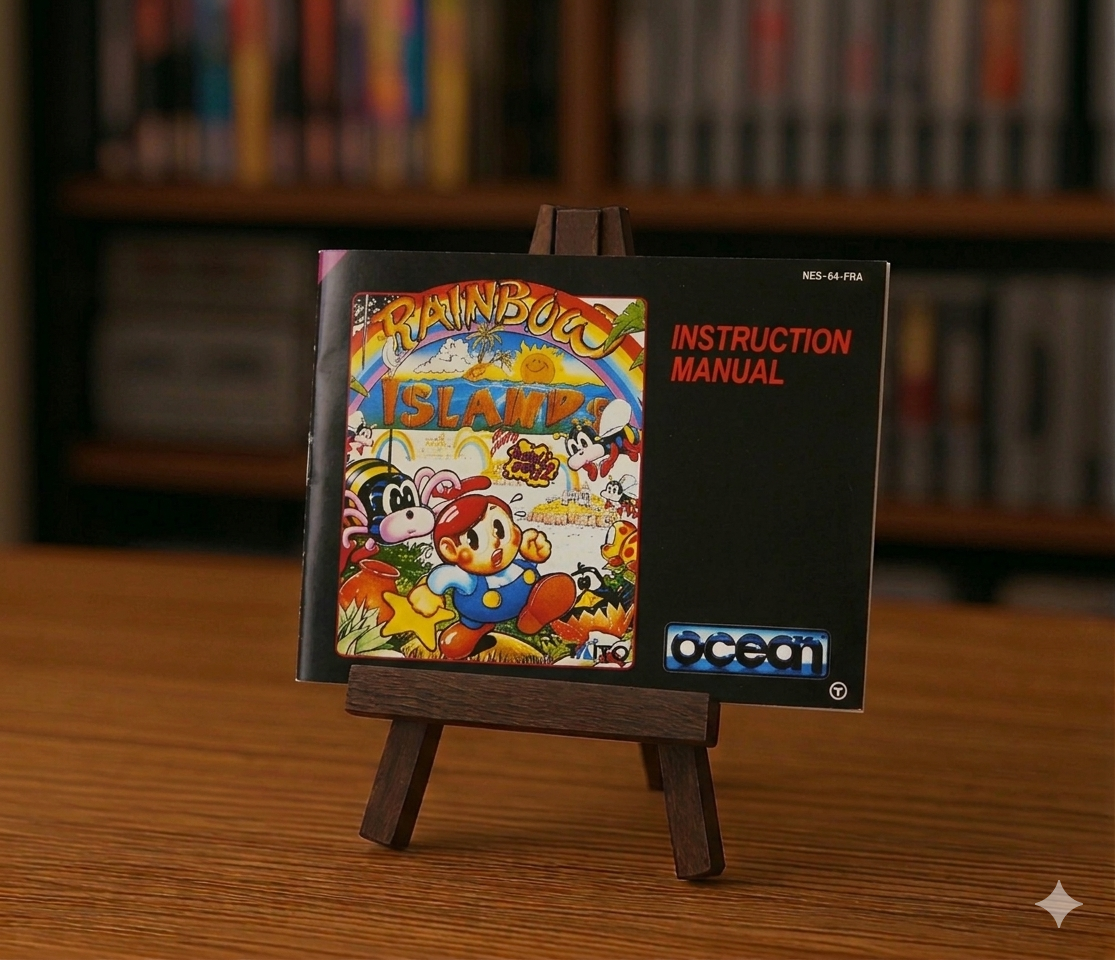 Capture d'écran du jeu vidéo Rainbow Islands: The Story of Bubble Bobble 2 pour NES en français, affichant le logo et l'écran de jeu.