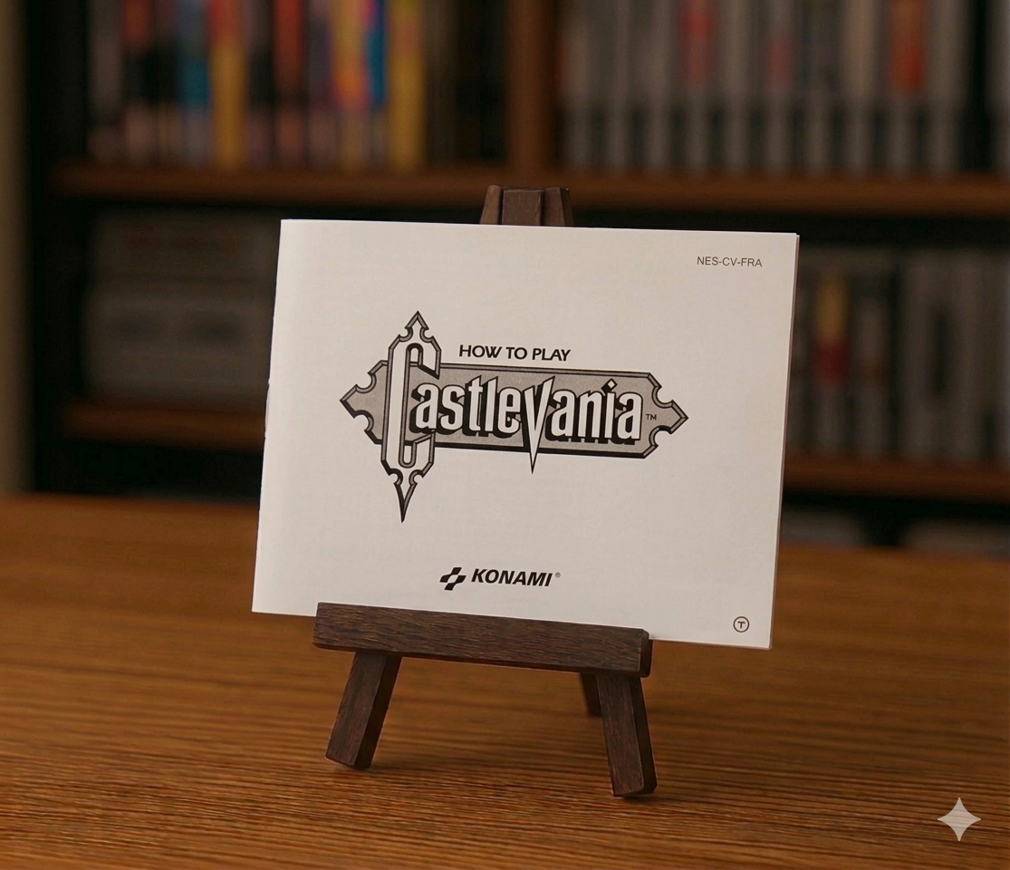 Affiche de notice Castlevania NES en français, illustrée avec logo et images du jeu rétro.