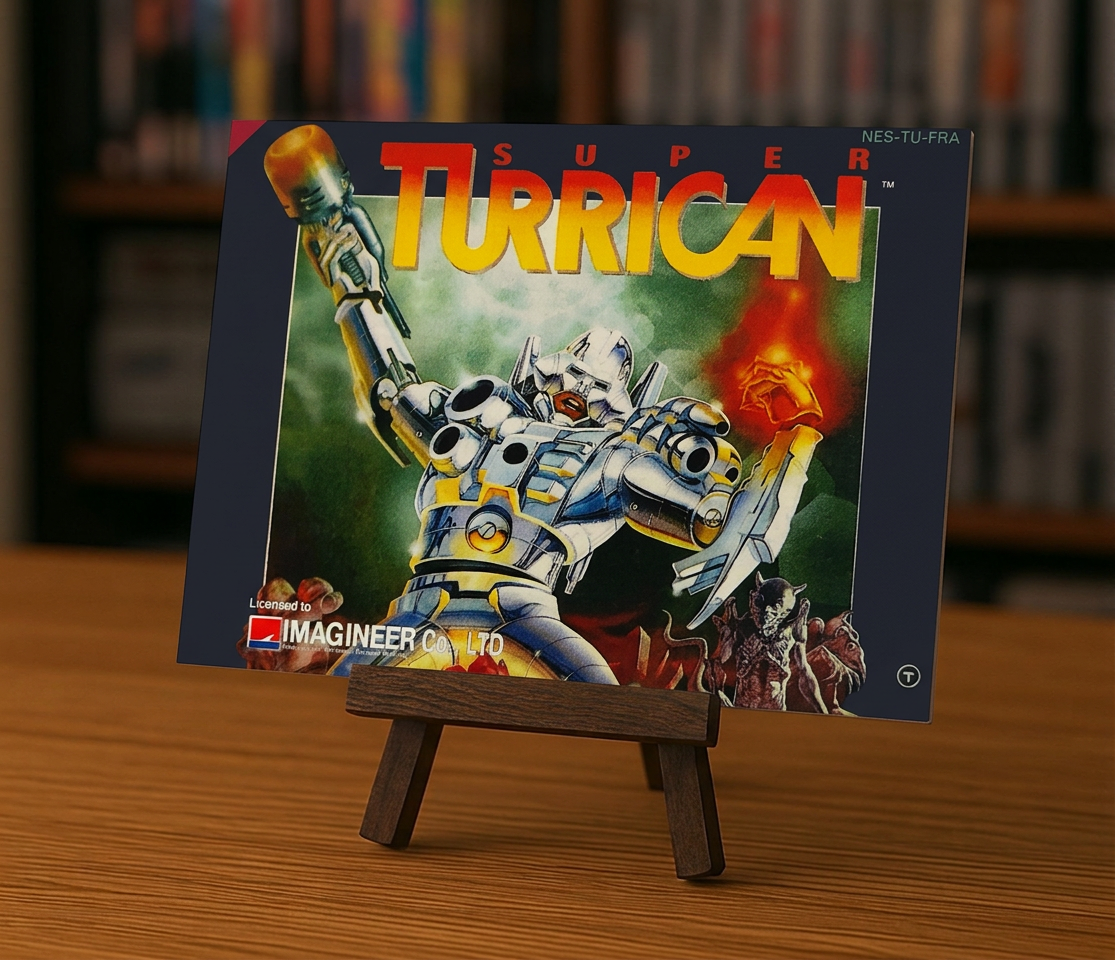 Affiche du jeu vidéo Super Turrican pour NES en français, avec l artwork coloré du personnage principal et du logo du jeu.