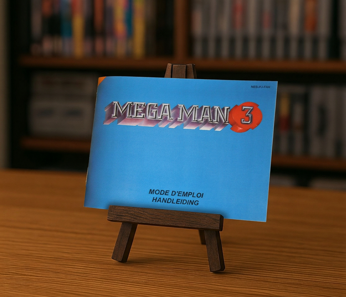 Notice Mega Man 3 NES en français, affiche ou manuel de jeu vidéo rétro, illustrant le personnage de Mega Man en action.