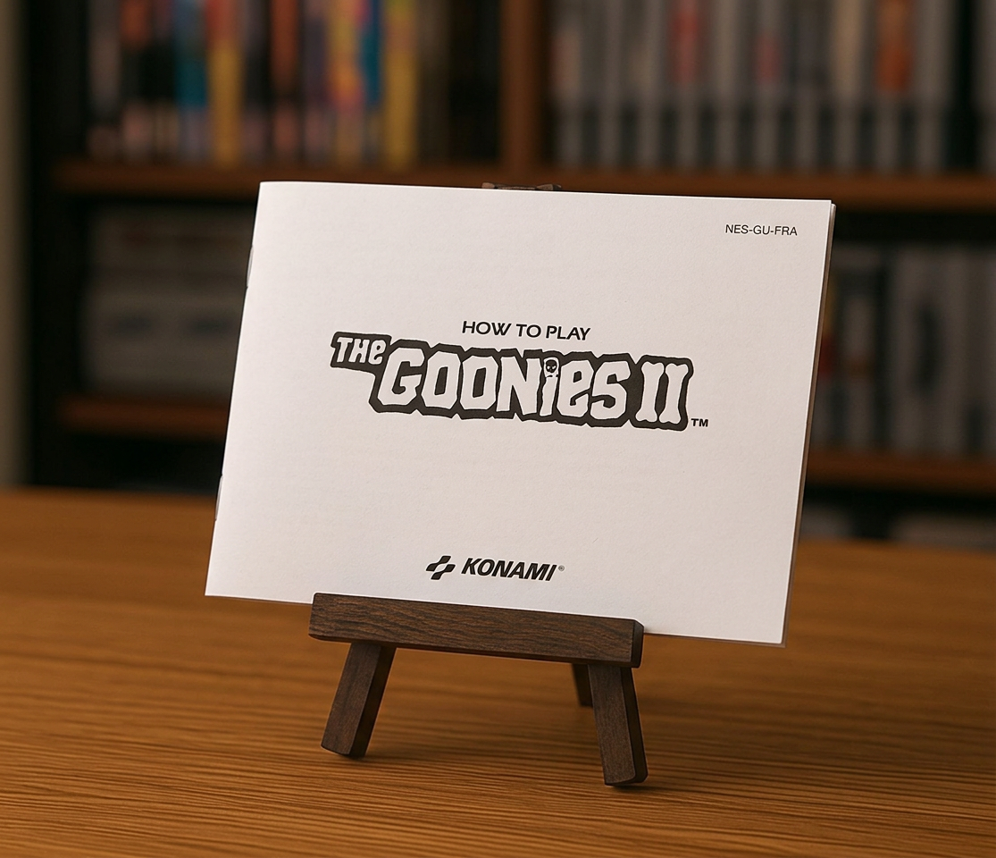 Affiche du jeu vidéo NES "The Goonies II" en français, avec logo et illustrations colorées, pour console Nintendo.