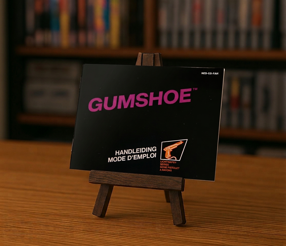 Notice Gumshoe NES en français, jeu vidéo rétro pour console Nintendo Entertainment System, avec illustration de l'enquêteur.