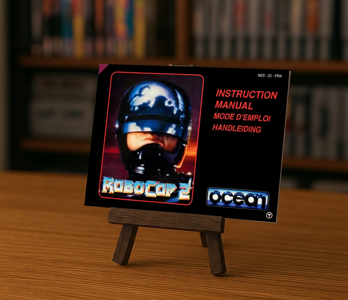Affiche du jeu vidéo Notice Robocop 2 NES en français, avec logo et illustrations colorées.