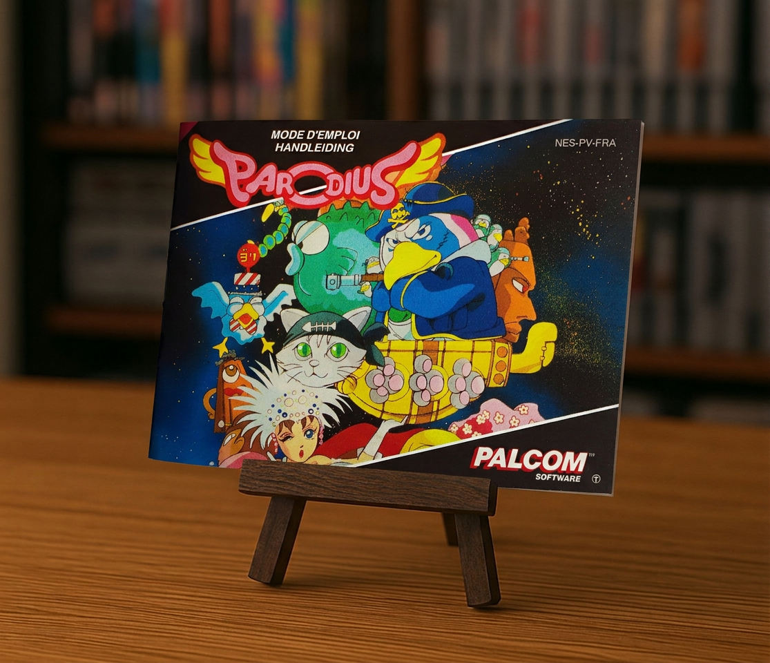 Capture d'écran du jeu vidéo Parodius NES en français, avec la jaquette et l'écran de jeu coloré.