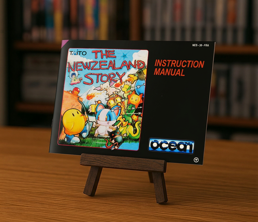 Notice The New Zealand Story NES en français, jeu vidéo rétro pour Nintendo, affiché sur une console avec boîte et cartouche.