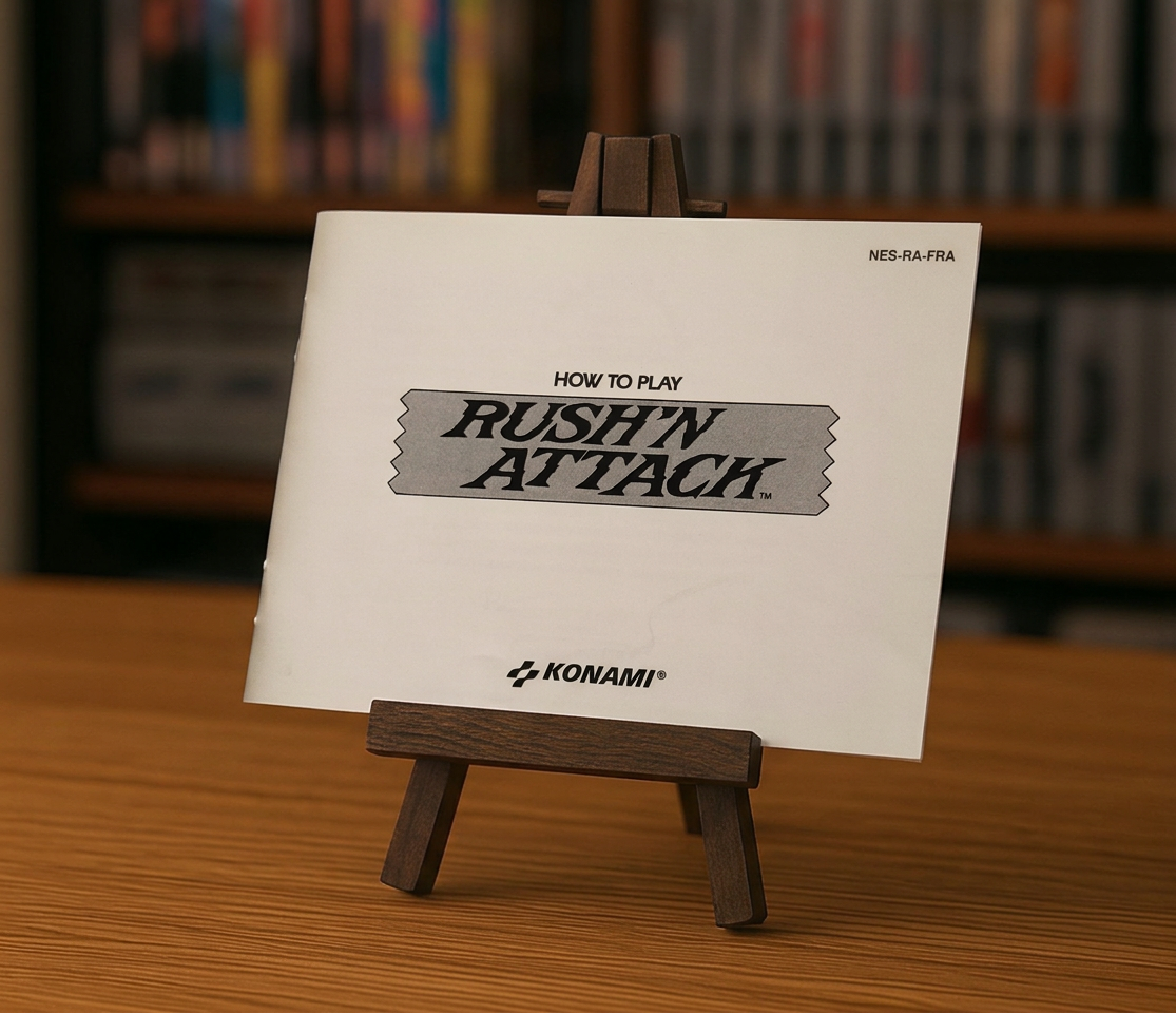 Affiche de jeu vidéo Rush'n Attack NES en français, avec logo et illustration d'ennemis, par RGUNIVERSE STORE
