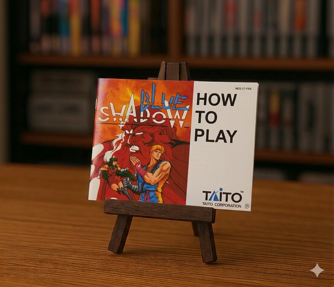 Notice Blue Shadow NES de RGUNIVERSE STORE, boîte de jeu vidéo rétro avec illustration de l'affiche du jeu.