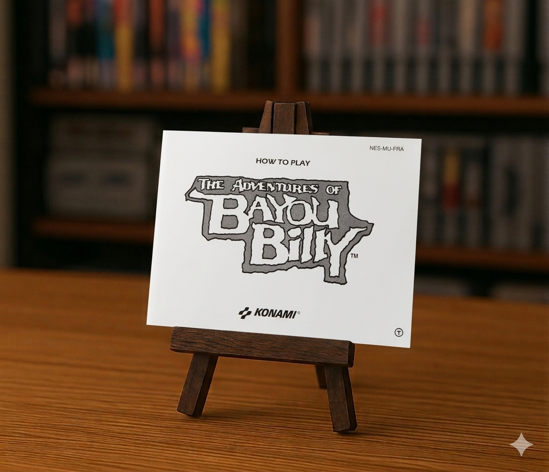 Jeu vidéo NES The Adventures of Bayou Billy en français, boîte avec illustration colorée et logo visible.