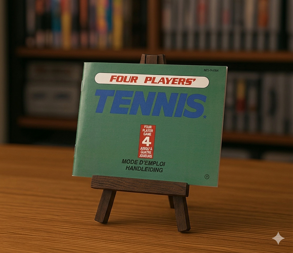 Notice Four Players' Tennis NES, affiche en français avec illustration de quatre joueurs de tennis, jeu vidéo rétro.