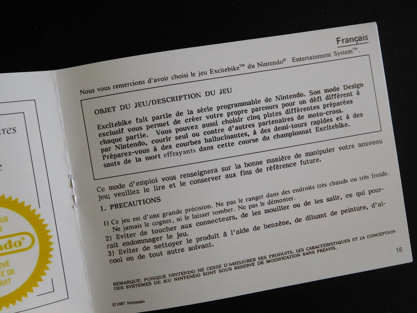 Notice Excitebike - ASD - NES - Français/Anglais -