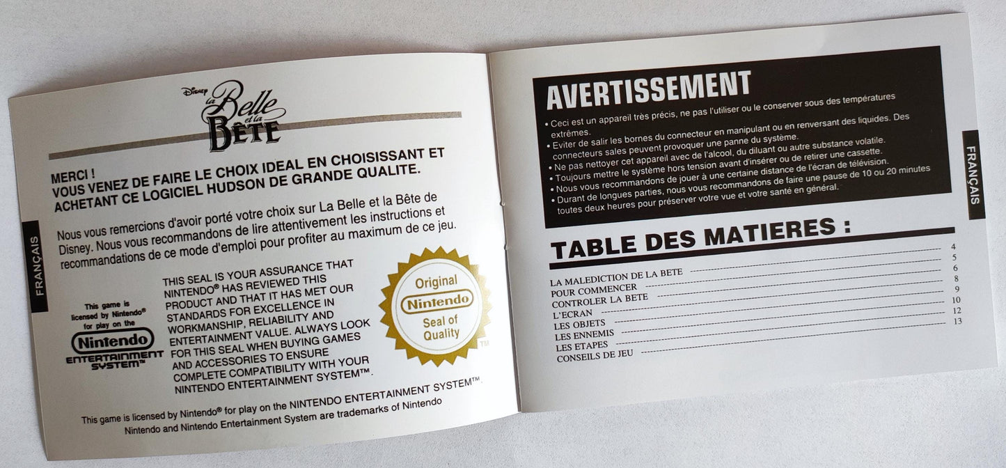Notice La Belle et la Bête - NES - Français -