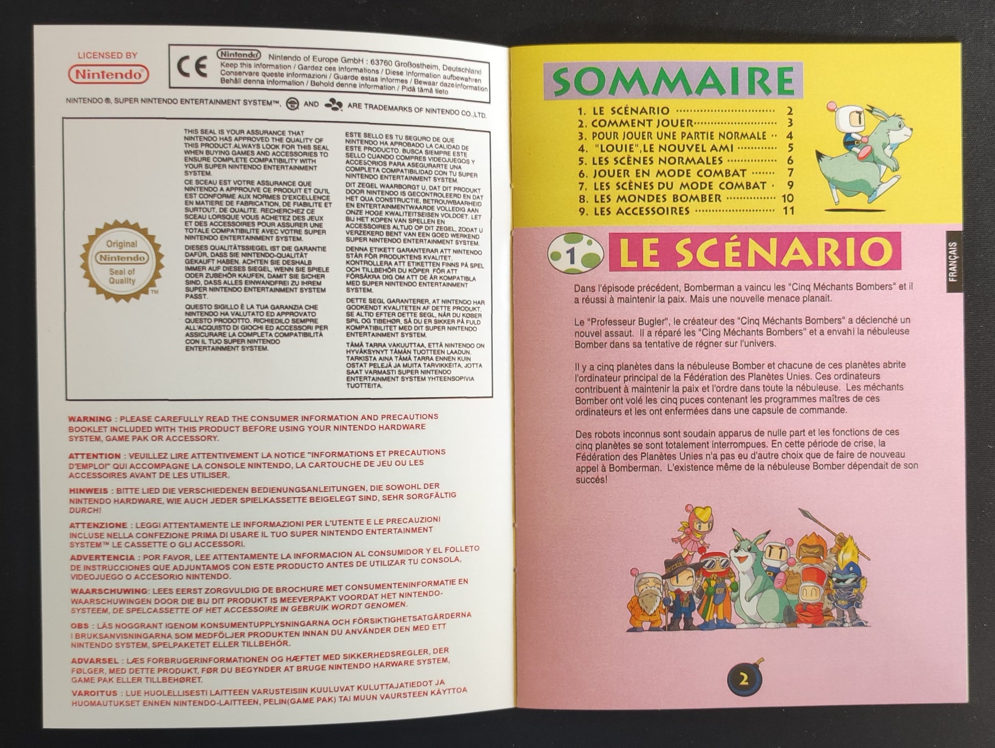 Notice de jeu Super Bomberman 3 pour SNES en français, reproduction, avec instructions détaillées et illustrations.