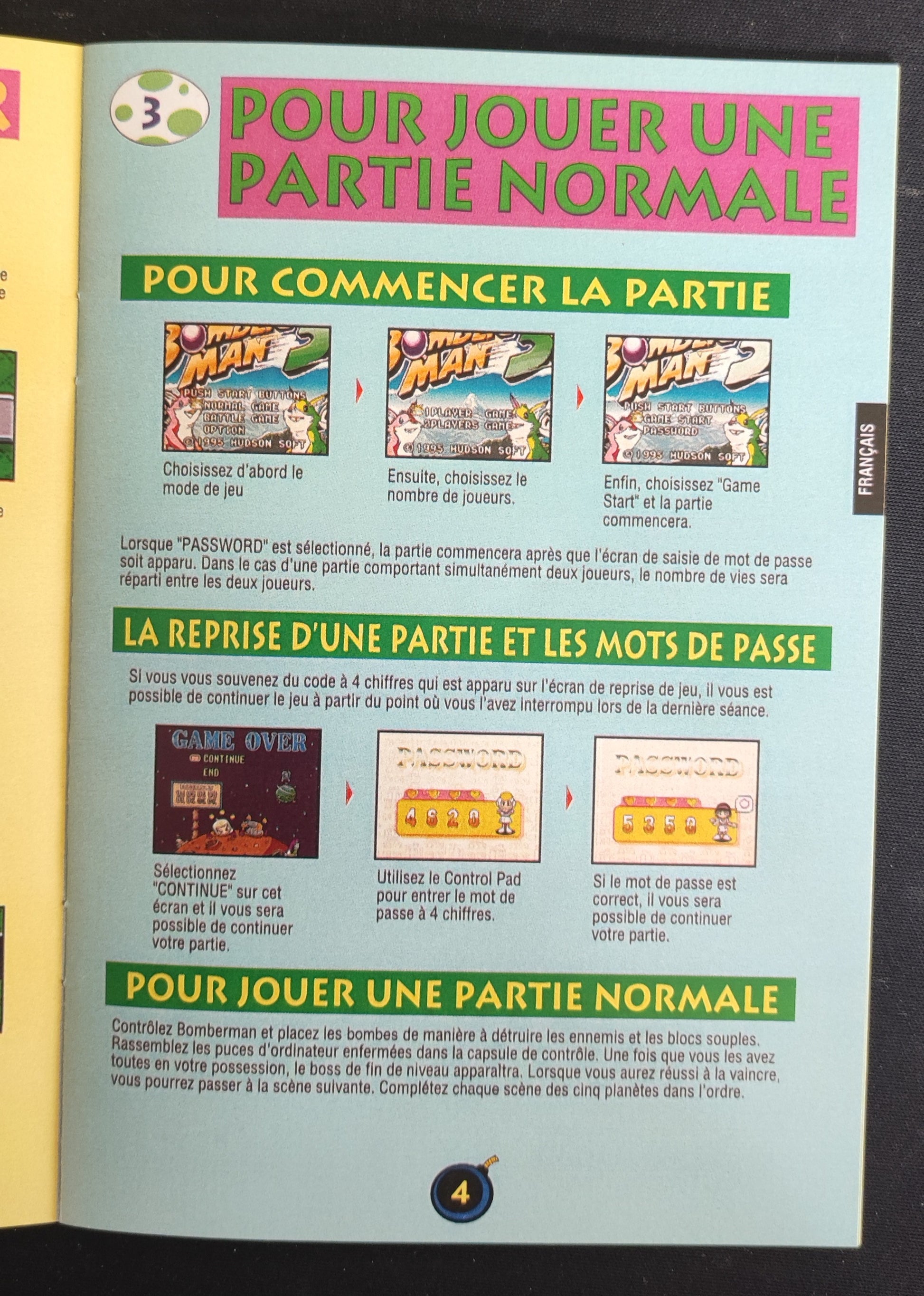Notice en français pour Super Bomberman 3 sur SNES, document de jeu original avec instructions et illustrations.