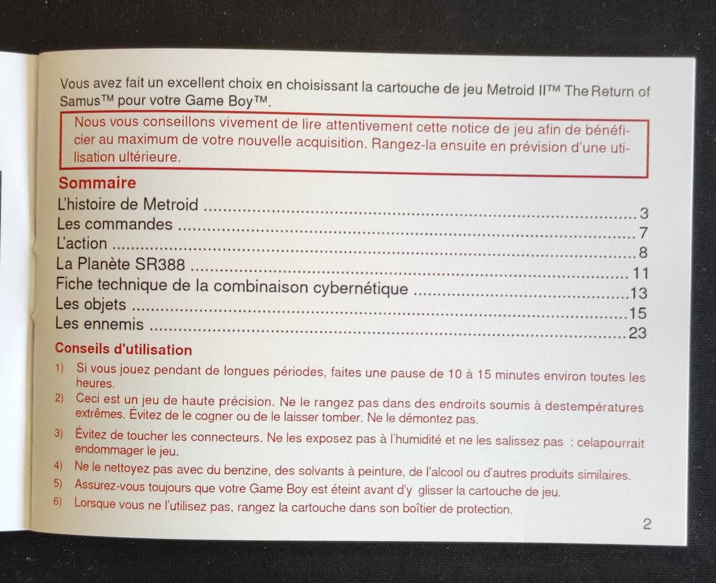 Notice Metroid II: Return of Samus Game Boy - Français