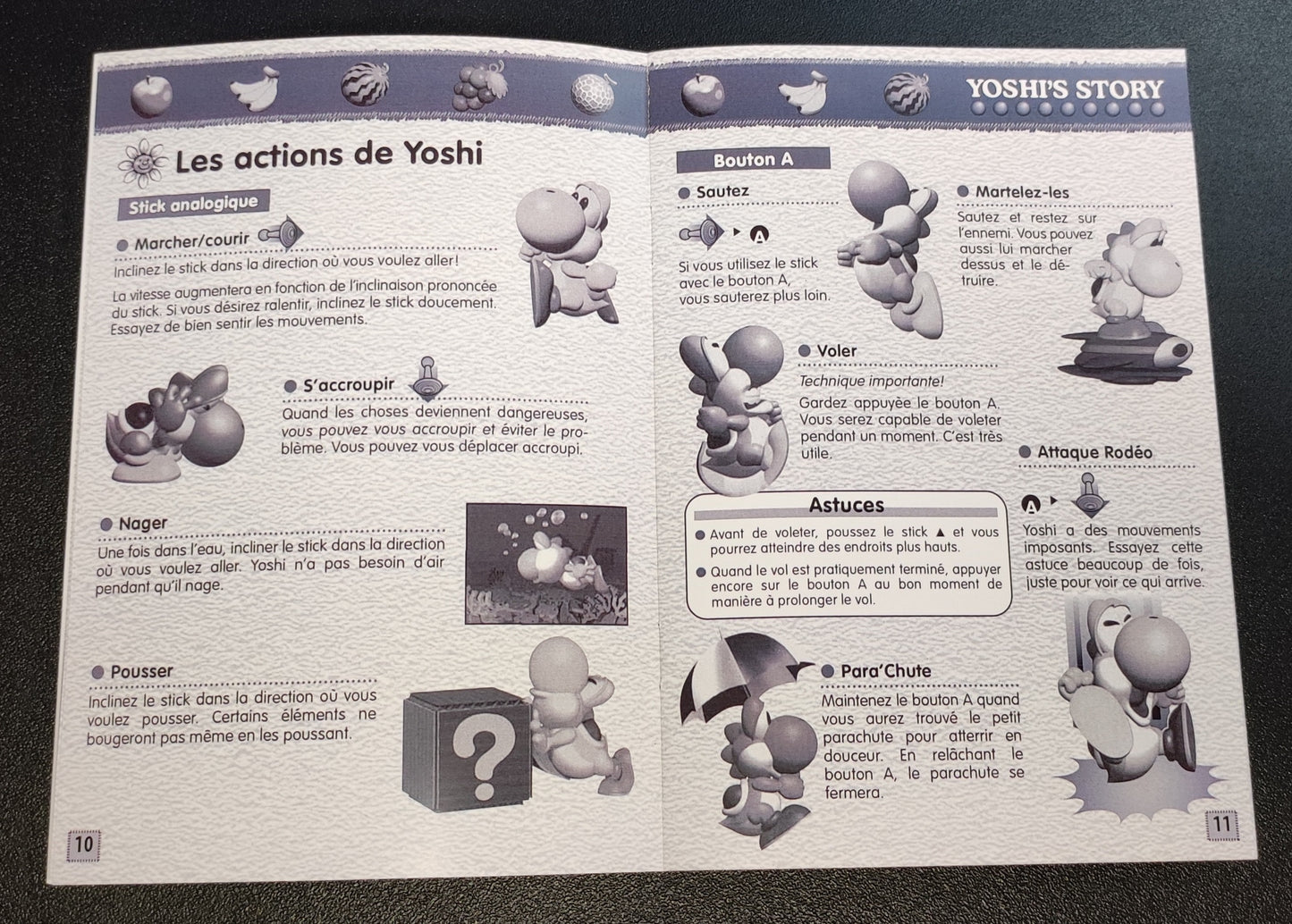 Notice Yoshi's Island pour Nintendo 64 en français, reproduction, avec texte détaillé et design original visible.