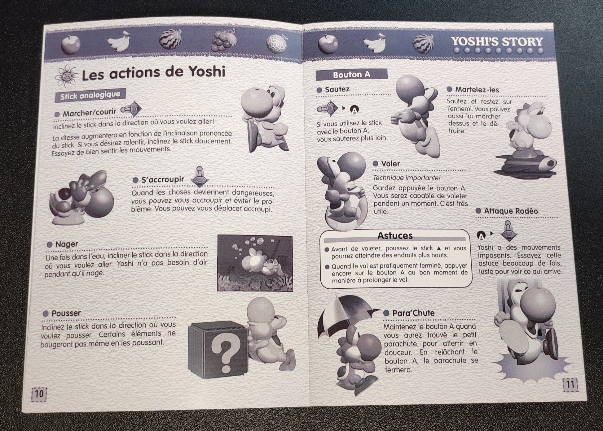 Notice Yoshi's Island pour Nintendo 64 en français, reproduction, avec texte détaillé et design original visible.