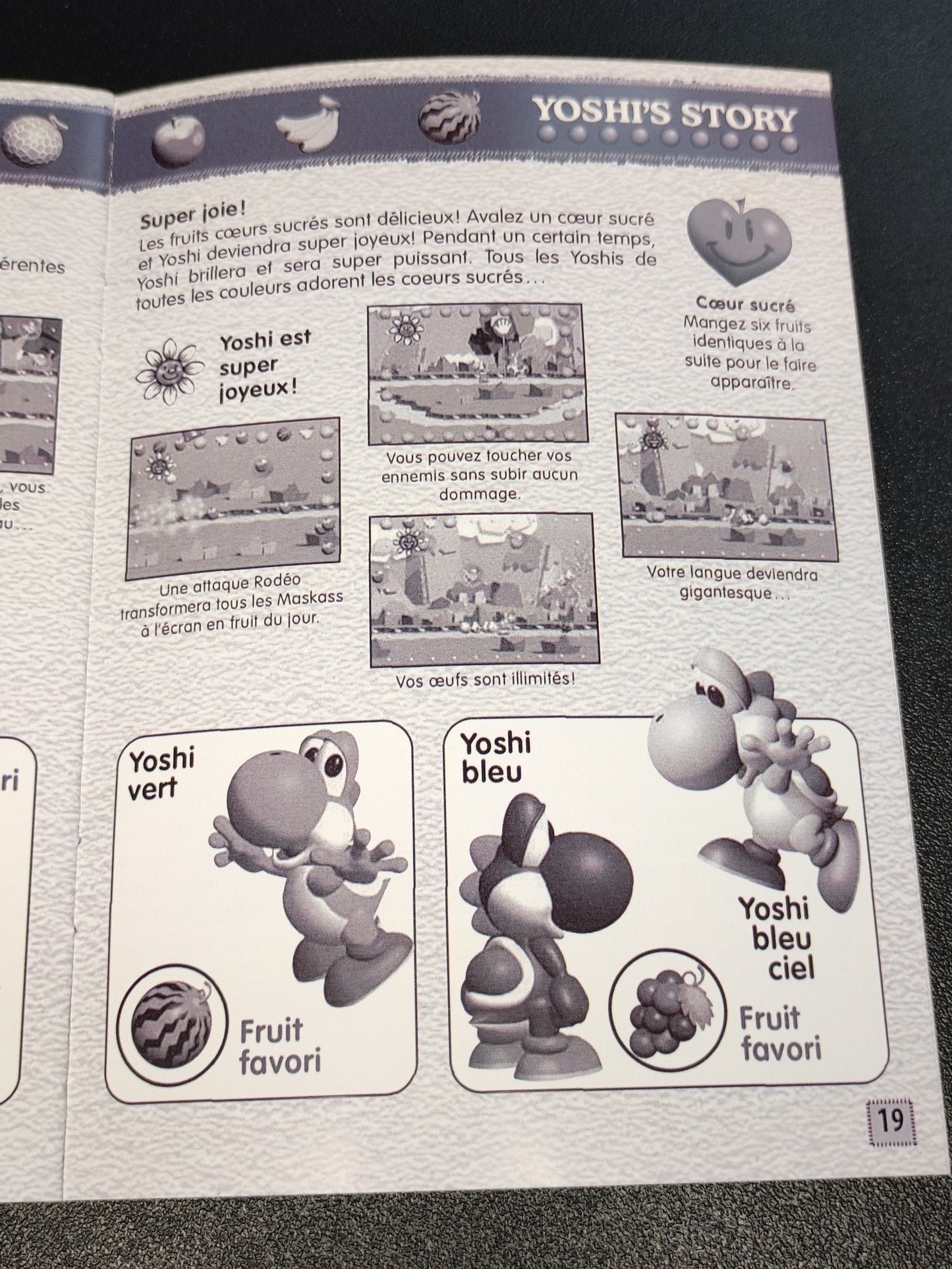 Notice Yoshi's Island pour Nintendo 64, reproduction en français, affichée avec détails colorés et logo du jeu.