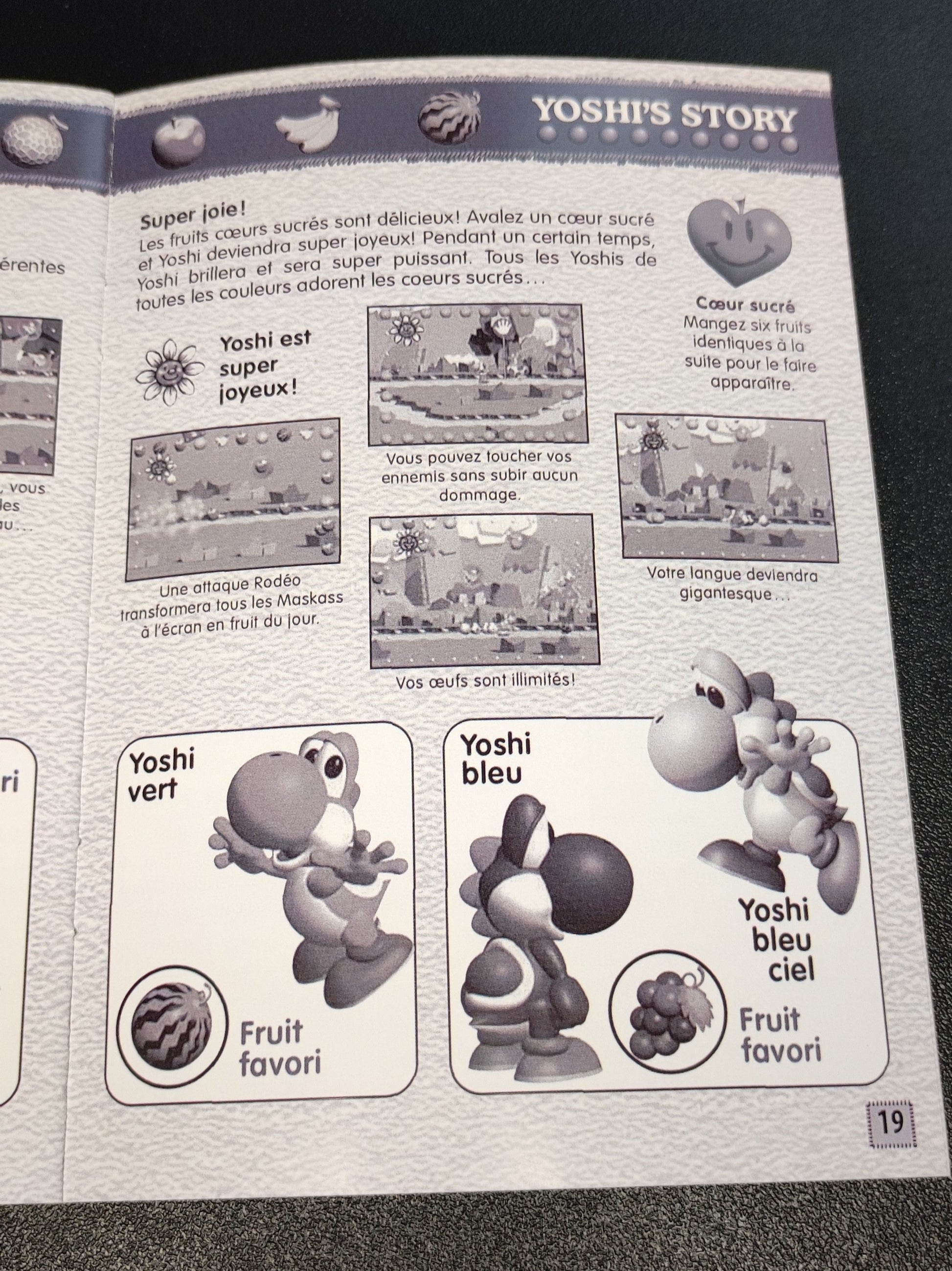 Notice Yoshi's Island pour Nintendo 64, reproduction en français, affichée avec détails colorés et logo du jeu.