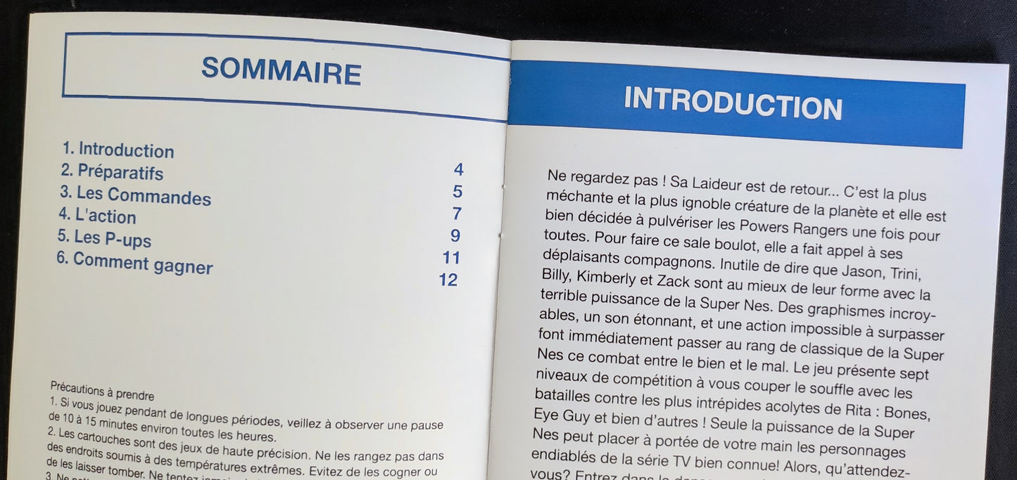 Notice Power Rangers pour la console SNES, en français, avec texte et images de la jaquette, par RGUNIVERSE STORE.