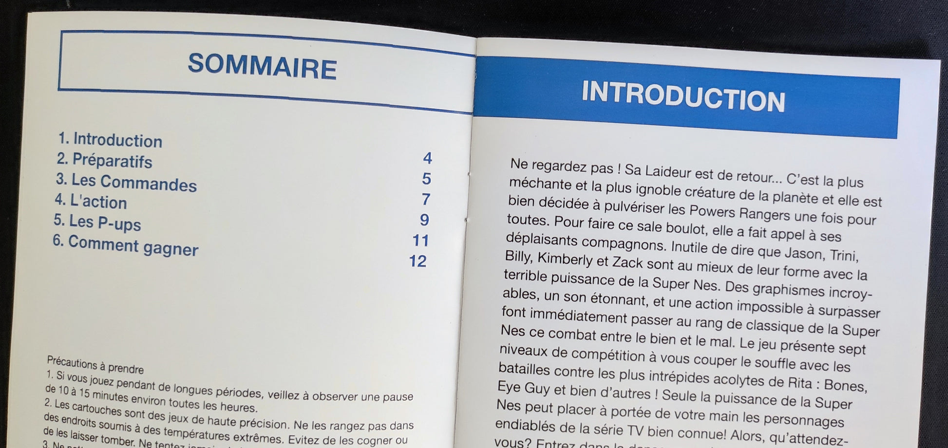 Notice Power Rangers pour la console SNES, en français, avec texte et images de la jaquette, par RGUNIVERSE STORE.