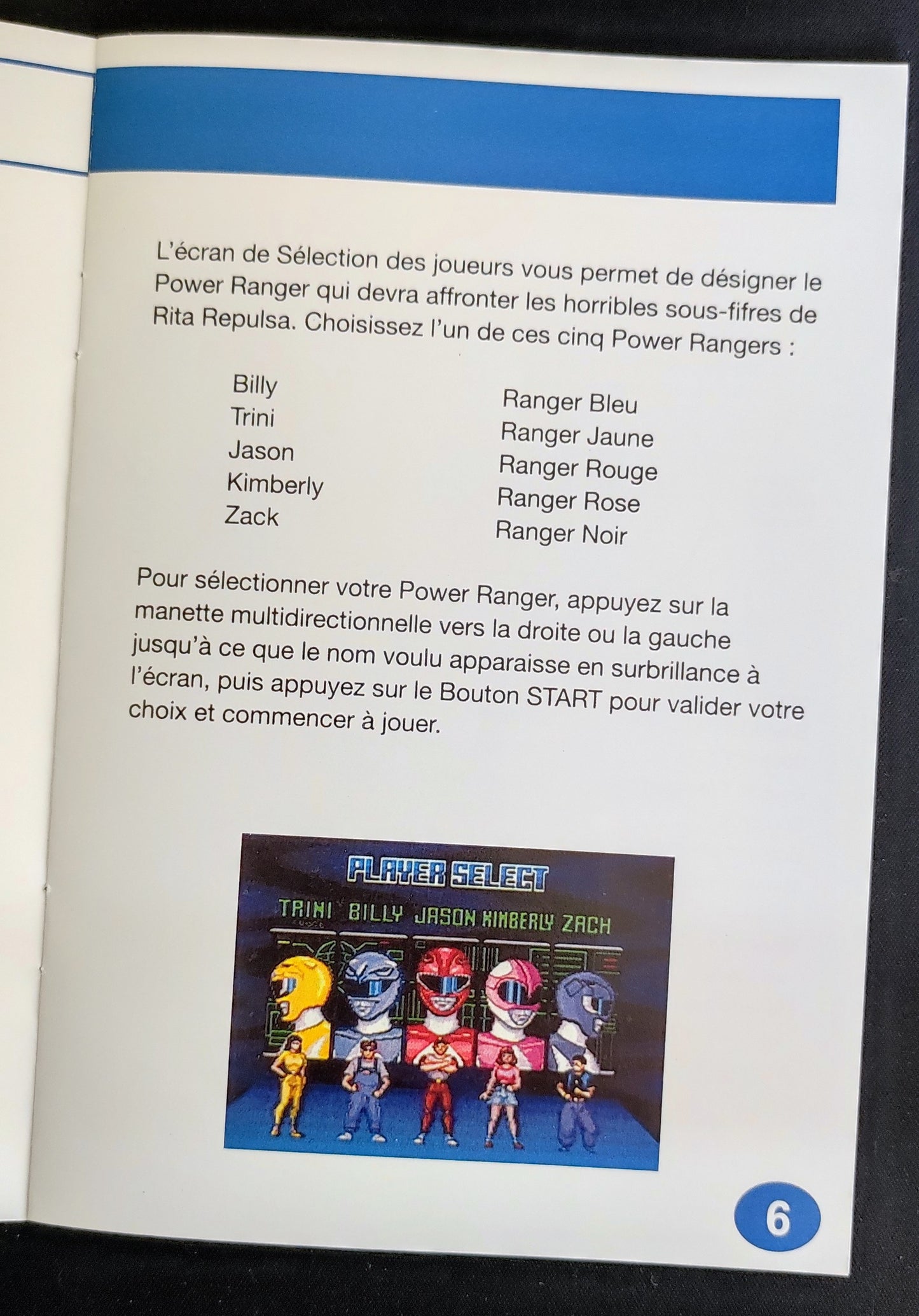 Notice Power Rangers pour la console SNES, en français, avec texte et illustrations, recto et verso visible.