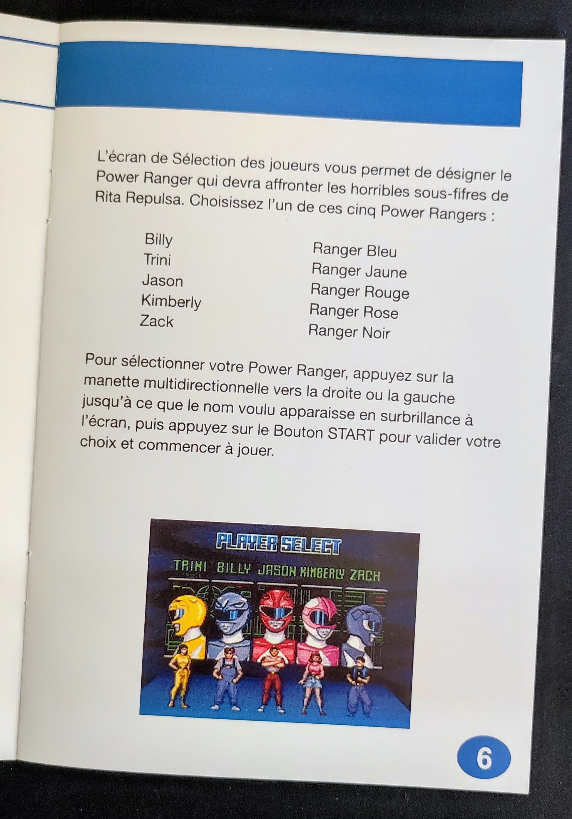 Notice Power Rangers pour la console SNES, en français, avec texte et illustrations, recto et verso visible.