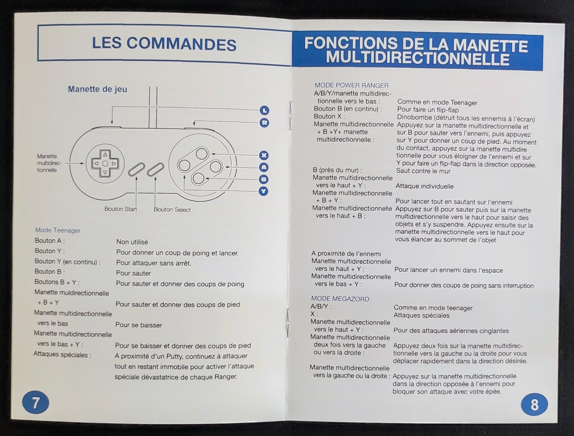 Notice Power Rangers pour la console SNES en français, avec illustrations et instructions détaillées.
