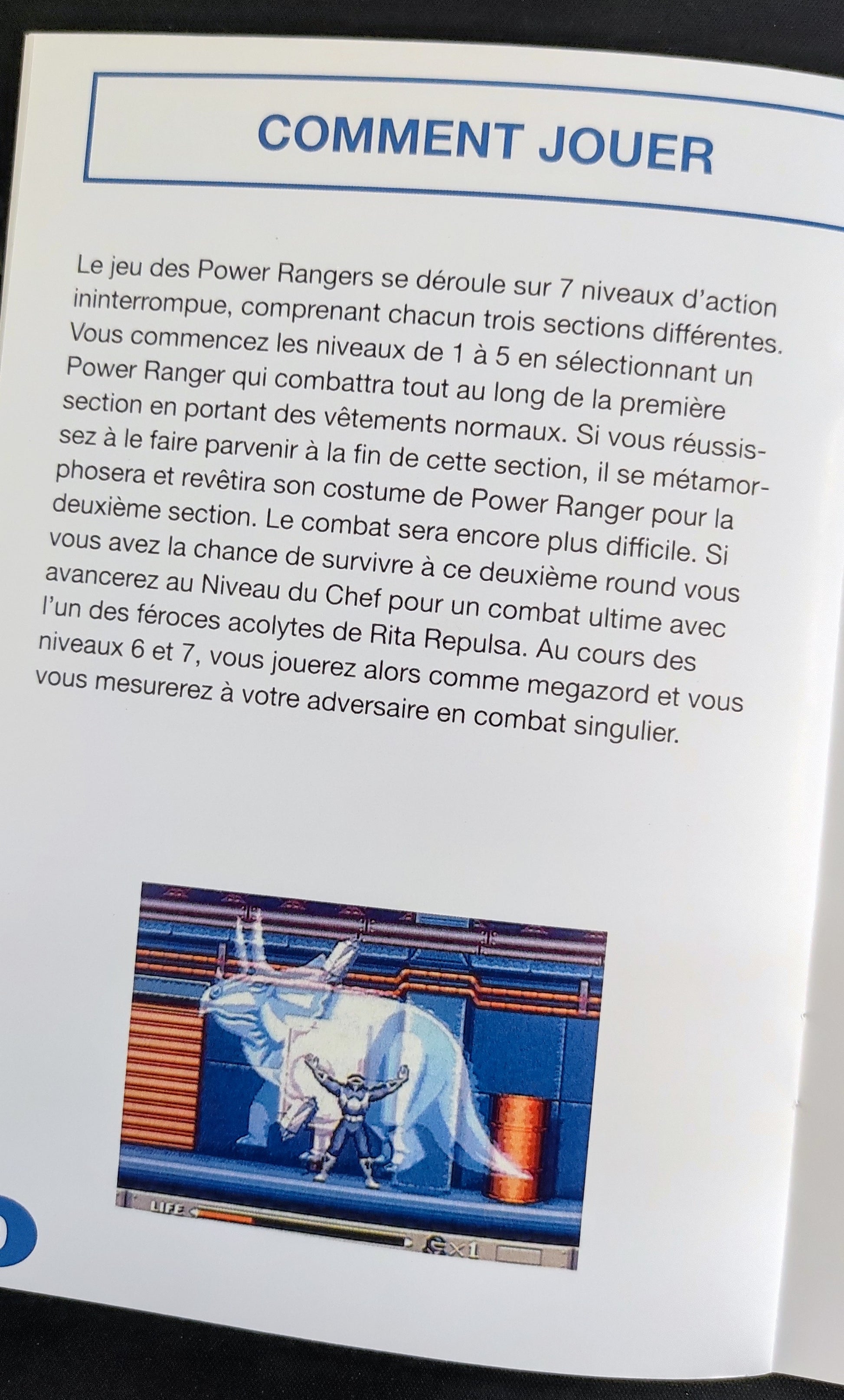 Notice Power Rangers SNES en français, document d'instructions pour la console de jeux vidéo, illustration de la notice.