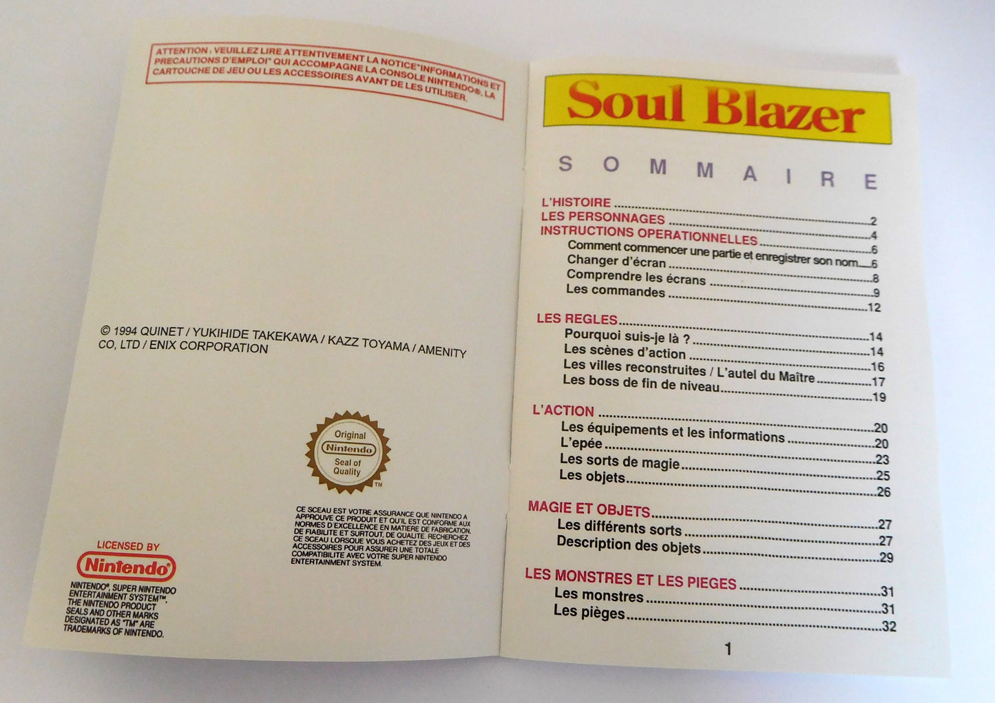 Notice Soul Blazer SNES - Français -