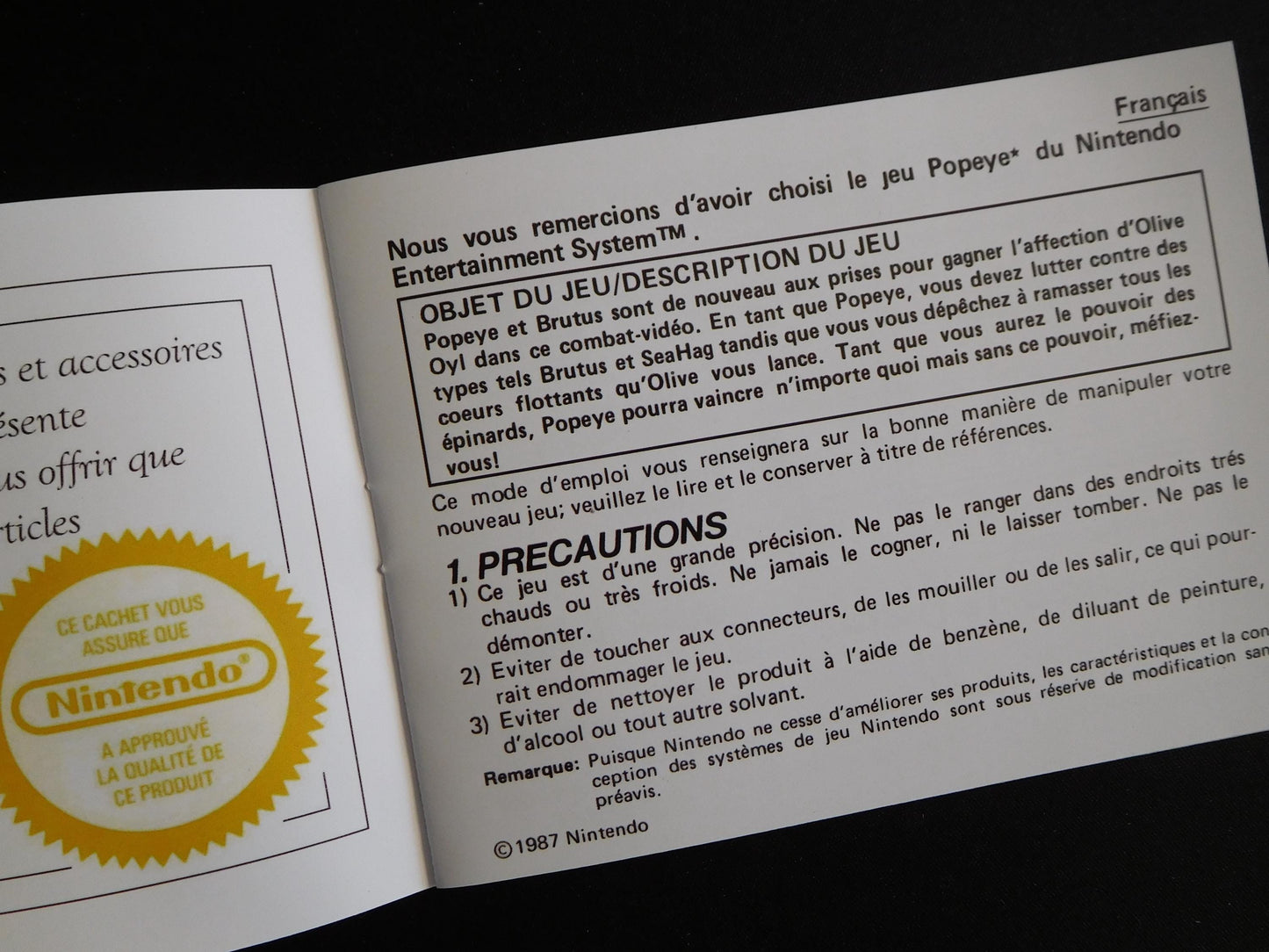 Notice Popeye - ASD - NES - Français -