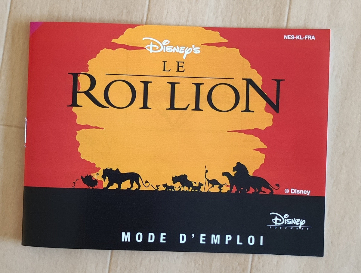 Mode d'emploi en français pour la notice du jeu NES Le Roi Lion, illustrée avec images du manuel.
