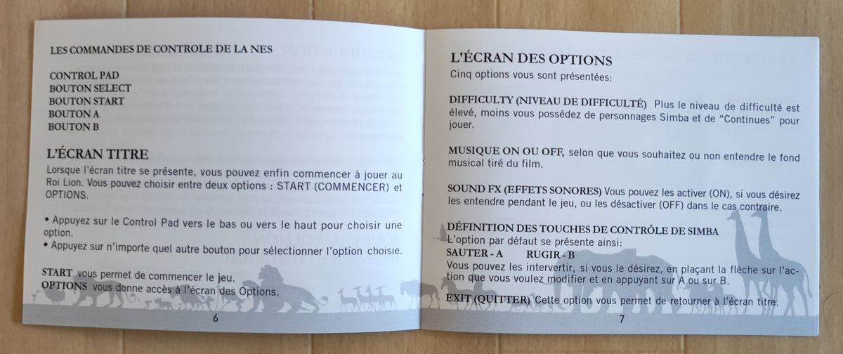 Mode d'emploi en français pour le jeu NES Le Roi Lion, document illustré avec instructions détaillées.