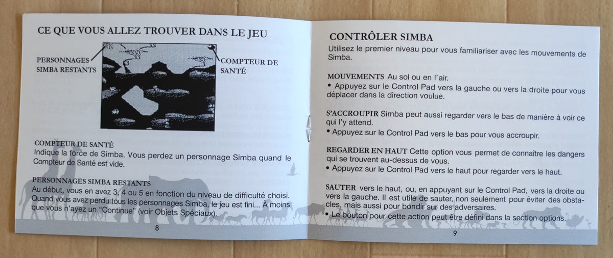 Notice d'utilisation pour le jeu NES Le Roi Lion en version française, illustrée et détaillée.